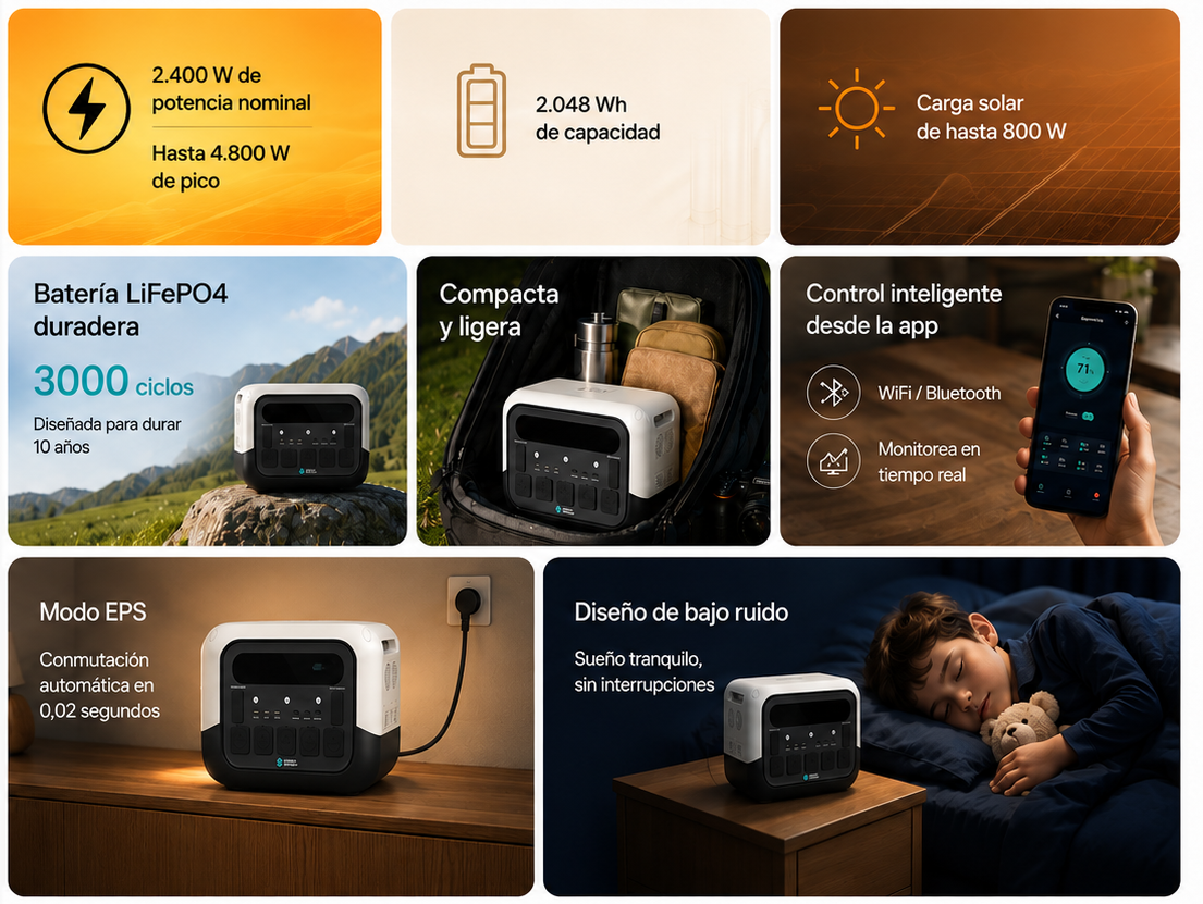Zenith Energy PRO2400 estación de energía portátil con especificaciones de potencial, capacidad, carga solar, bateri LifePO, control inteligente desde app, modo EPS, compacta y ligera, diseño de bajo ruido.