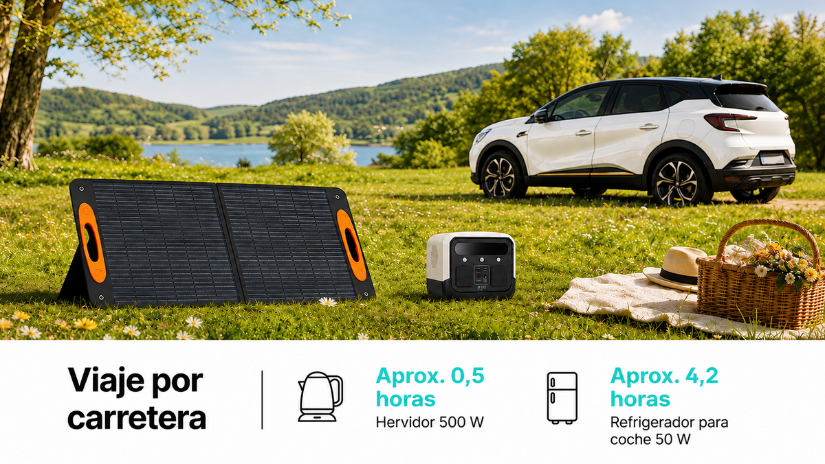 Zenith Energy P330 estación de energía portátil con panel solar. en un parque con lago al lado de una alfombra de picnic y coche en el fondo. el texto describe un viaje por carretera y la autonomia en horas para un hervidor y una nevera de coche.