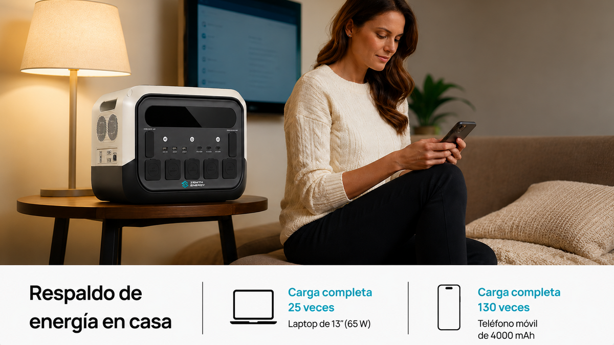 Zenith Energy PRO2400 estación de energía portátil sobre una mesita de noche y una mujer al lado con un smartphone en la mano. el texto describe respaldo para el hogar y la autonomia en horas para un portatil y un telefonno movil.