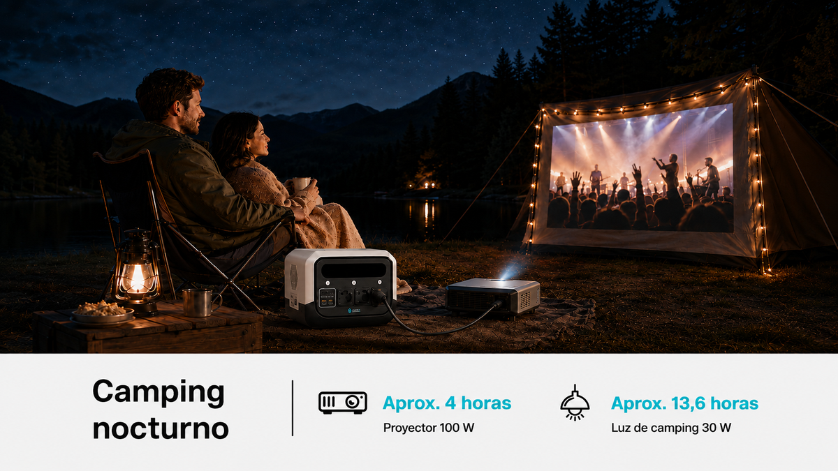 Zenith Energy PRO700 estación de energía portátil conectada a un proyector que esta emitiendo una pelicula sobre la tienda de campaña, hay un hombre y una mujer sentado en sillas de camping viendo la pelicula en la montaña. el texto describe camping nocturno y la autonomia en horas para un proyector y luz de camping.