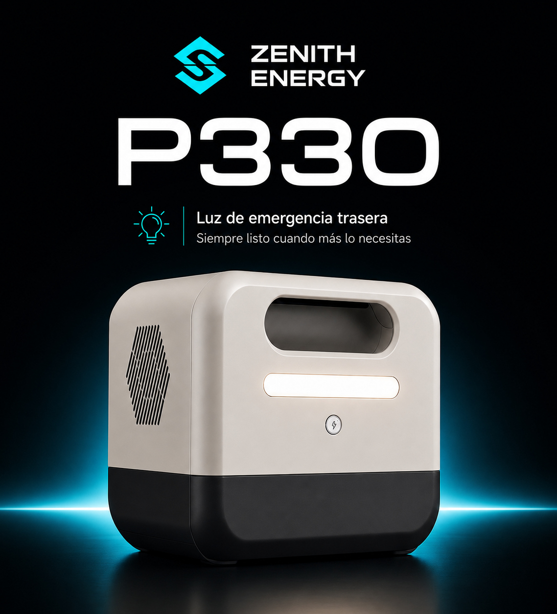 Zenith Energy P330 estación de energía portátil vista trasera con luz LED de emergencia