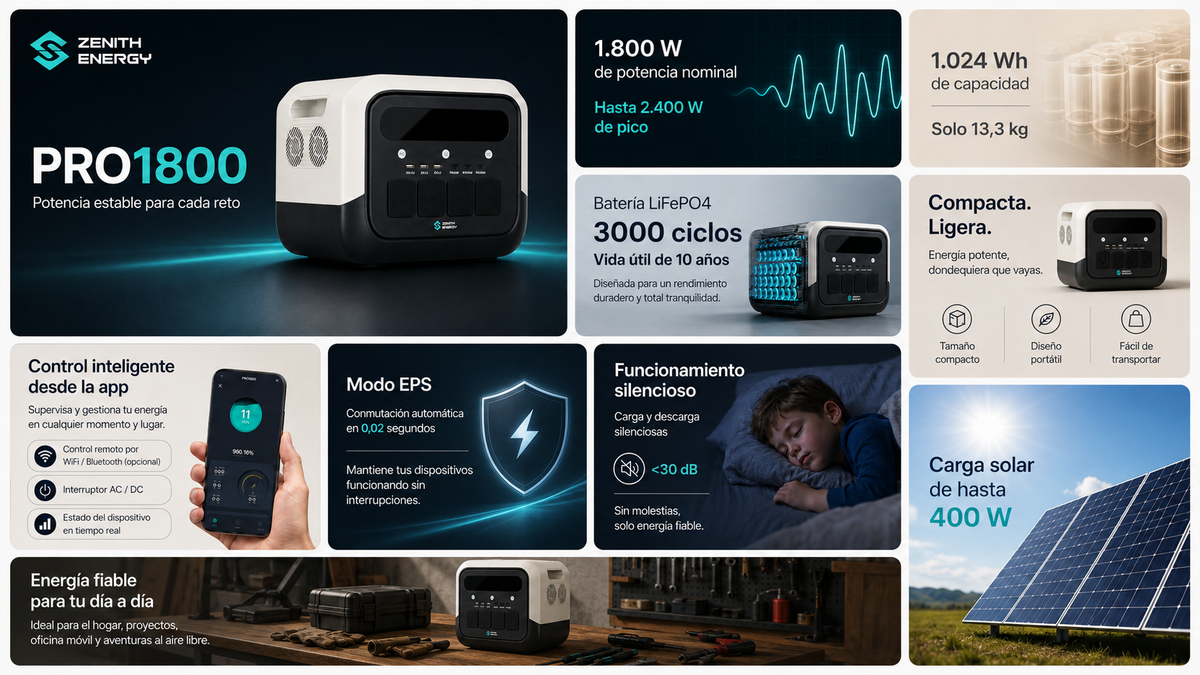 Zenith Energy PRO1800 estación de energía portátil y caracteristicas del aparato como bateria, capacidad, modo EPS, control inteligente desde app, funcionamiento silencioso y diseño compacto, ligero