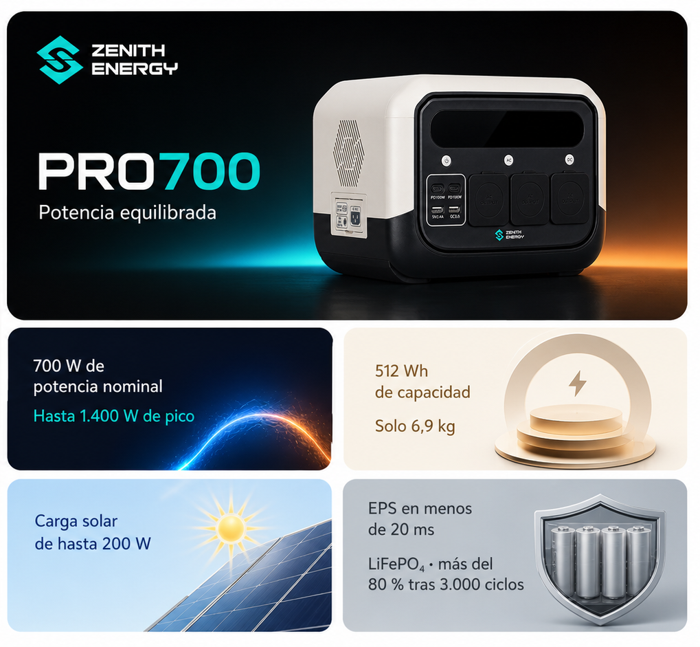 estacion de bateria pro700 de frente, con definicion de caracteristicas de potencial, capacidad, cargar solar, EPS y LifePO4