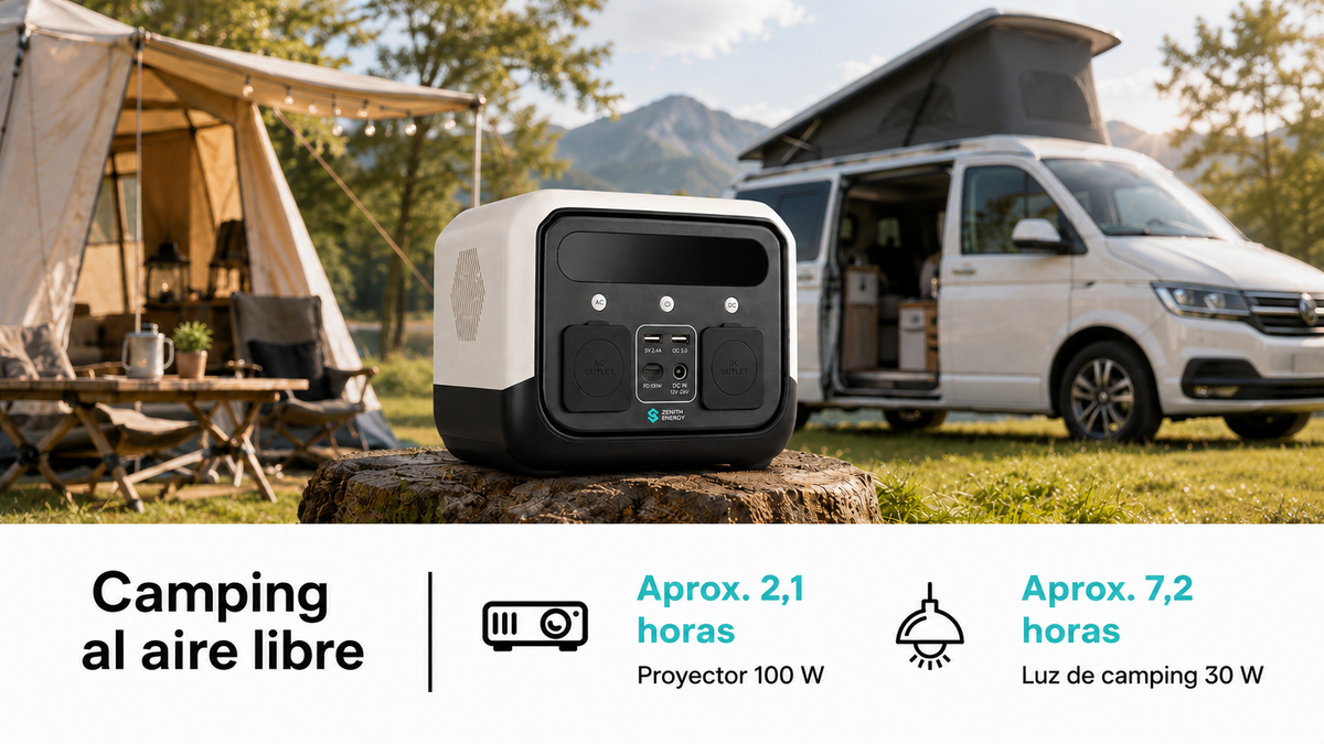 Zenith Energy P330 estación de energía portátil en la montaña con una tienda de campaña y una caravana en el fondo. el texto describe camping al aire libre y la autonomia en horas para un proyector y luz de camping.