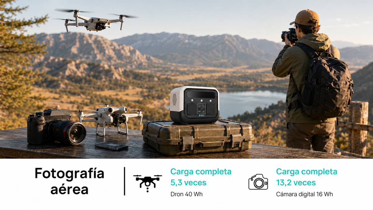 Zenith Energy P330 estación de energía portátil en la montaña con un lago el fondo rodeado de equipamiento de fotografia como drones y camana de fotos. el texto describe fotrografia aerea y la autonomia en horas para un dron y una camara digital.