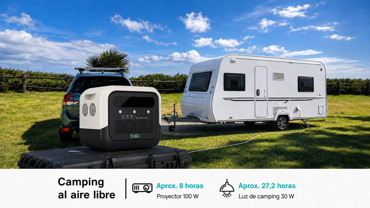 Zenith Energy PRO1800 estación de energía portátil en el campo y una caravana enganchada a un turismo en el fondo. el texto describe camping al aire libre y la autonomia en horas para un proyector y luz de camping.
