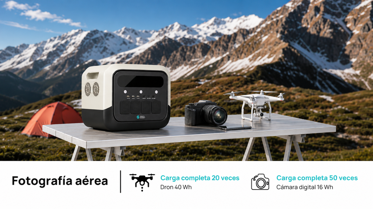 Zenith Energy PRO1800 estación de energía portátil en la montaña de fondo rodeado de equipamiento de fotografia como drones y camana de fotos. el texto describe fotrografia aerea y la autonomia en horas para un dron y una camara digital.