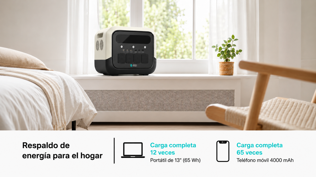 Zenith Energy PRO1800 estación de energía portátil sobre un mueble de habitacion. el texto describe respaldo para el hogar y la autonomia en horas para un portatil y un telefonno movil.