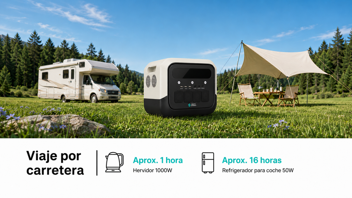 Zenith Energy PRO1800 estación de energía portátil sobre el cesped. en la montaña con una caravana y  una tienda de campaña en el fondo. el texto describe un viaje por carretera y la autonomia en horas para un hervidor y una nevera de coche.