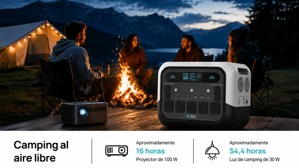 Zenith Energy PRO2400 estación de energía portátil sobre una mesa y junto a un proyector. en un parque con lago al lado con un grupo de 4 personas sentado y una tienda de campaña en el fondo. el texto describe un camping al aire libre y la autonomia en horas para un hervidor y una nevera de coche.