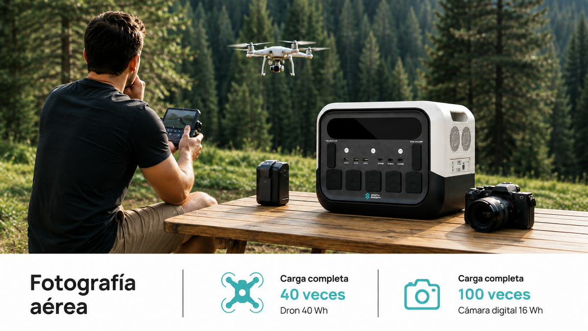 Zenith Energy PRO2400 estación de energía portátil sobre una mesa en la montaña de fondo rodeado de equipamiento de fotografia como drones y camana de fotos. un hombre manejando el dron. el texto describe fotrografia aerea y la autonomia en horas para un dron y una camara digital.
