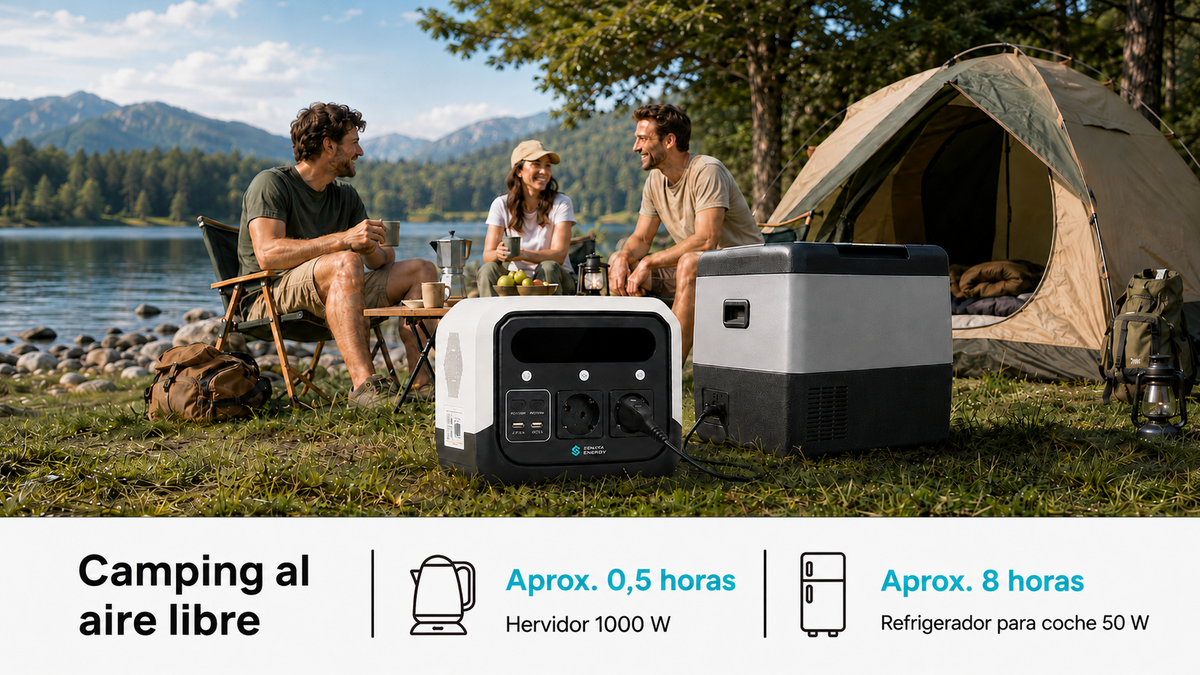 Zenith Energy PRO700 estación de energía portátil conectado a una nevera. en un parque con lago al lado con un grupo de 3 personas sentado y una tienda de campaña en el fondo. el texto describe un camping al aire libre y la autonomia en horas para un hervidor y una nevera de coche.