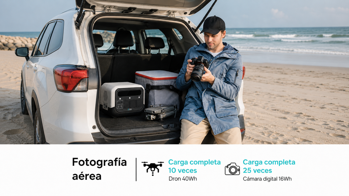 Zenith Energy PRO700 estación de energía portátil en la playa dentro del maletero de un coche rodeado de equipamiento de fotografia como drones y un chico con una camana de fotos en la mano. el texto describe fotrografia aerea y la autonomia en horas para un dron y una camara digital.