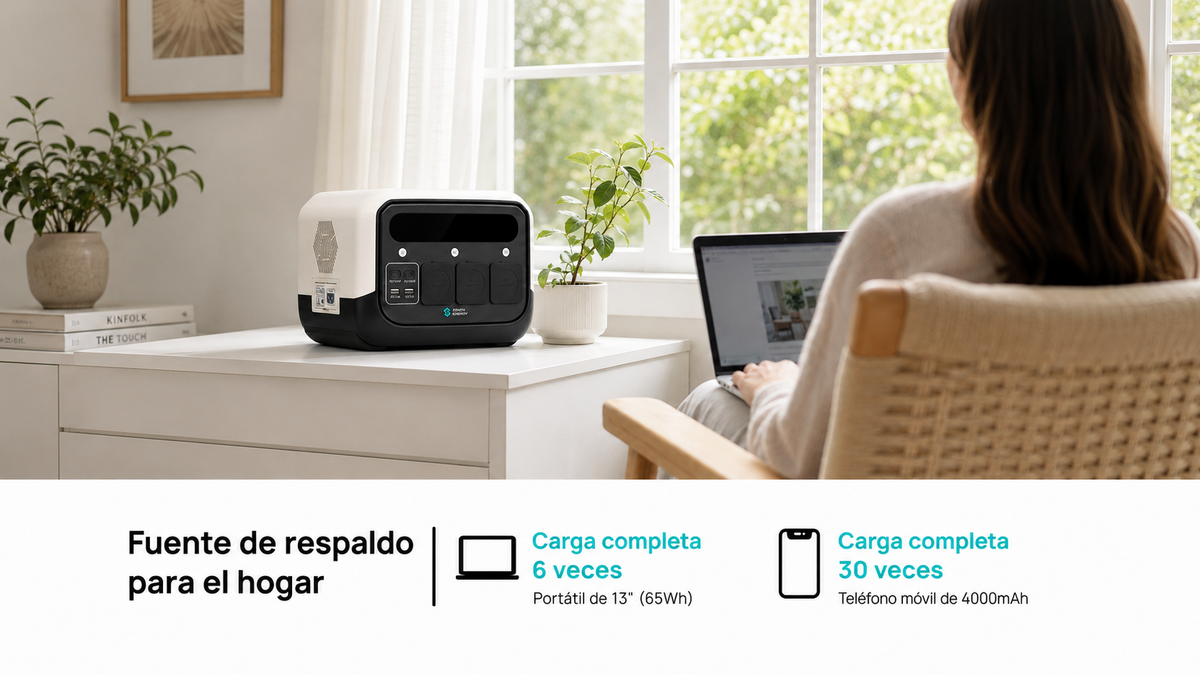 Zenith Energy PRO700 estación de energía portátil sobre un mueble y una mujer al lado trabajando con su ordenador portatil. el texto describe respaldo para el hogar y la autonomia en horas para un portatil y un telefonno movil.